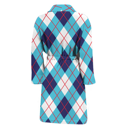 White Blue And Red Argyle Pattern Print Men's Bathrobe