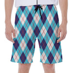 White Blue And Red Argyle Pattern Print Men's Beach Shorts