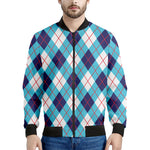White Blue And Red Argyle Pattern Print Men's Bomber Jacket
