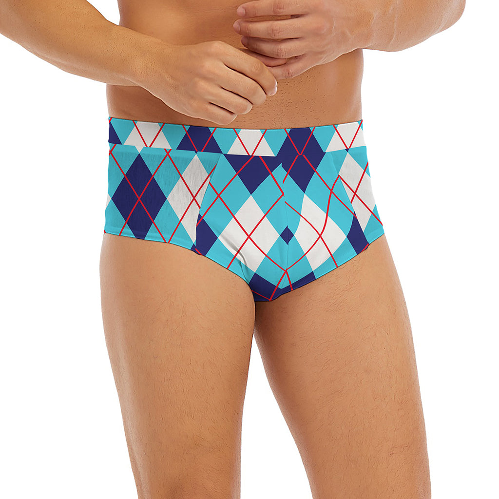 White Blue And Red Argyle Pattern Print Men's Briefs
