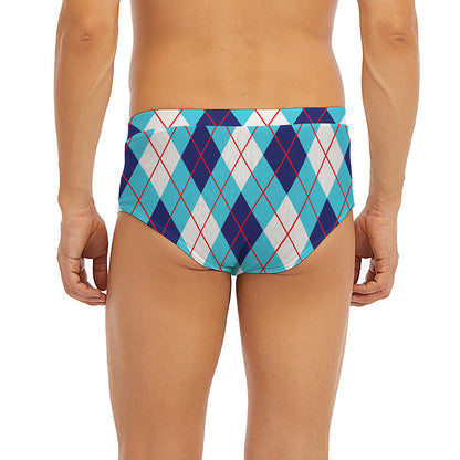 White Blue And Red Argyle Pattern Print Men's Briefs