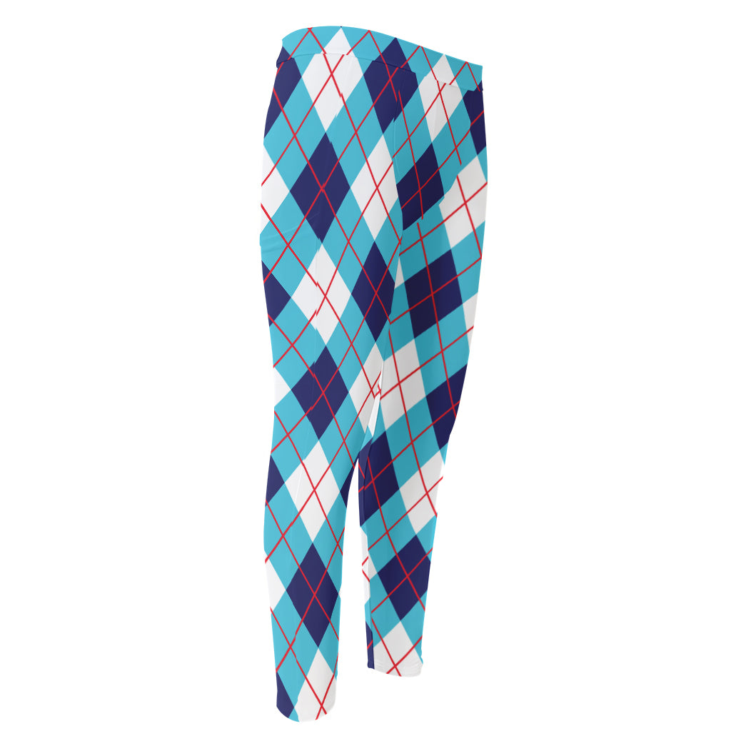 White Blue And Red Argyle Pattern Print Men's Compression Pants