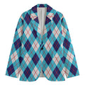 White Blue And Red Argyle Pattern Print Men's Cotton Blazer