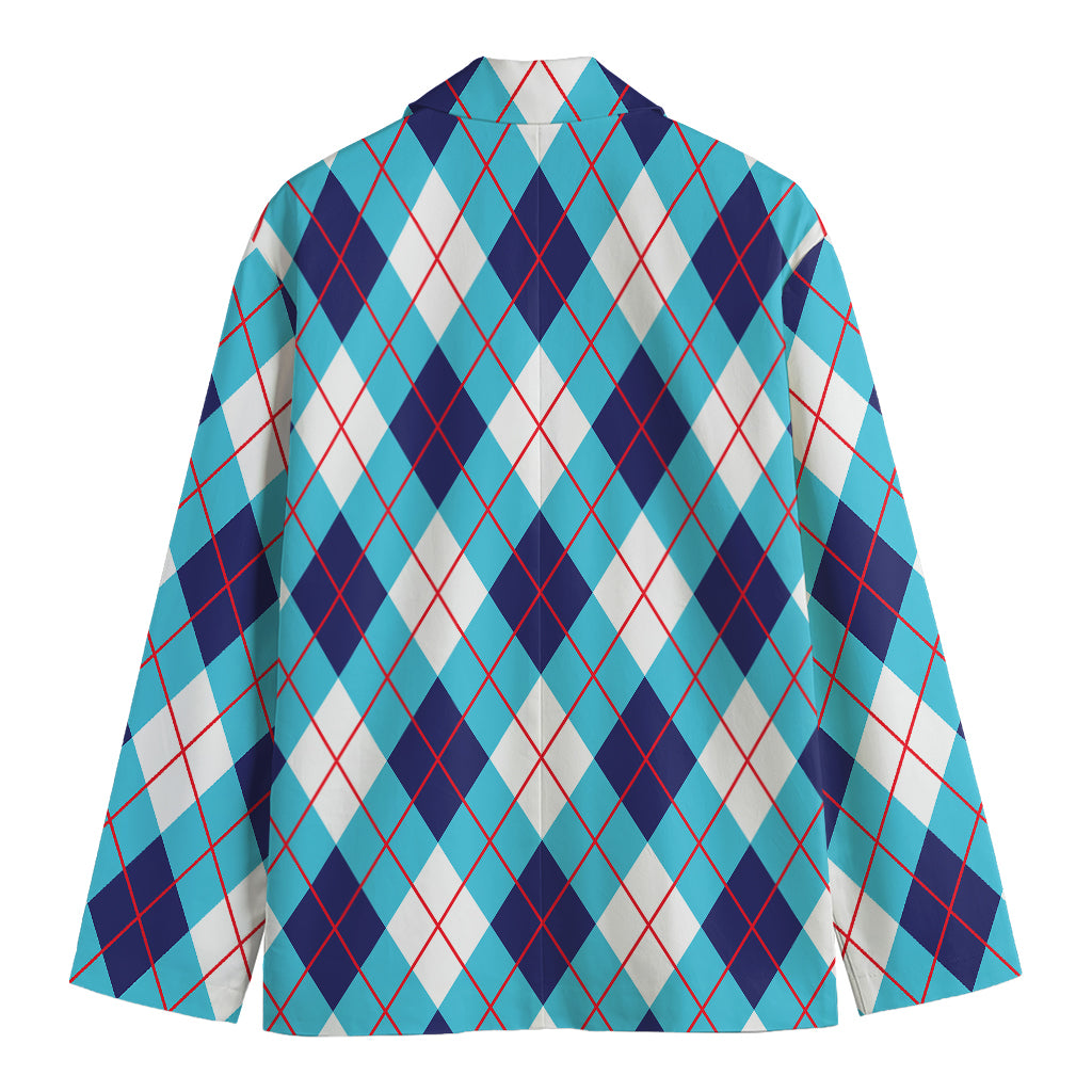 White Blue And Red Argyle Pattern Print Men's Cotton Blazer