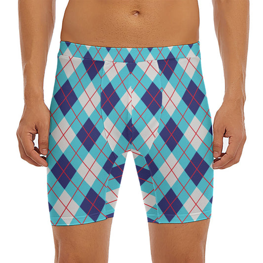 White Blue And Red Argyle Pattern Print Men's Long Boxer Briefs