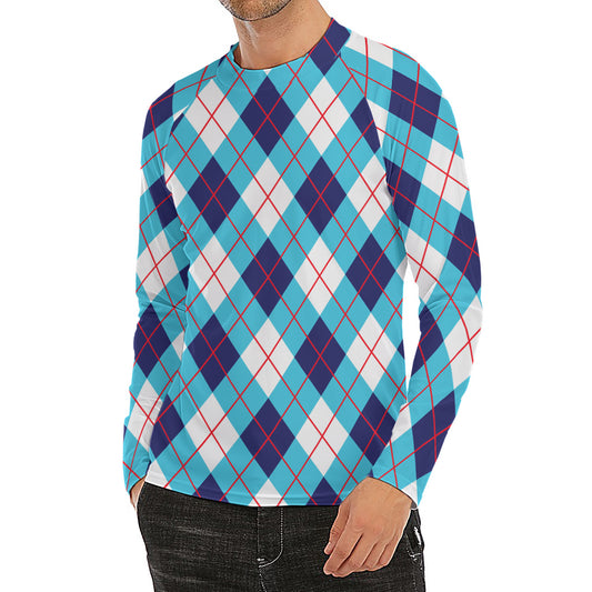 White Blue And Red Argyle Pattern Print Men's Long Sleeve Rash Guard