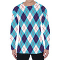 White Blue And Red Argyle Pattern Print Men's Long Sleeve T-Shirt