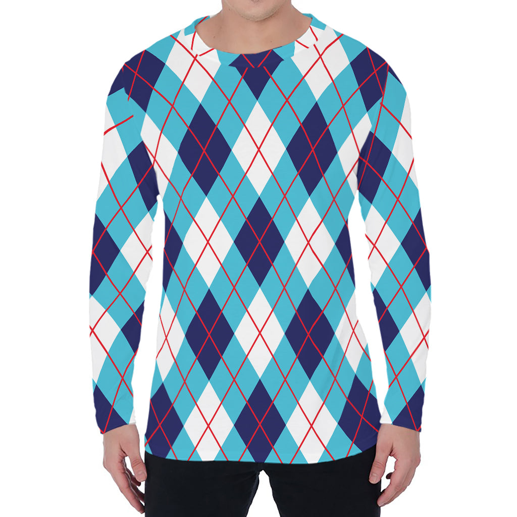 White Blue And Red Argyle Pattern Print Men's Long Sleeve T-Shirt