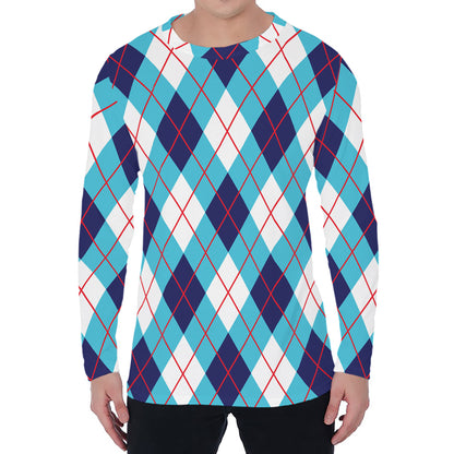 White Blue And Red Argyle Pattern Print Men's Long Sleeve T-Shirt