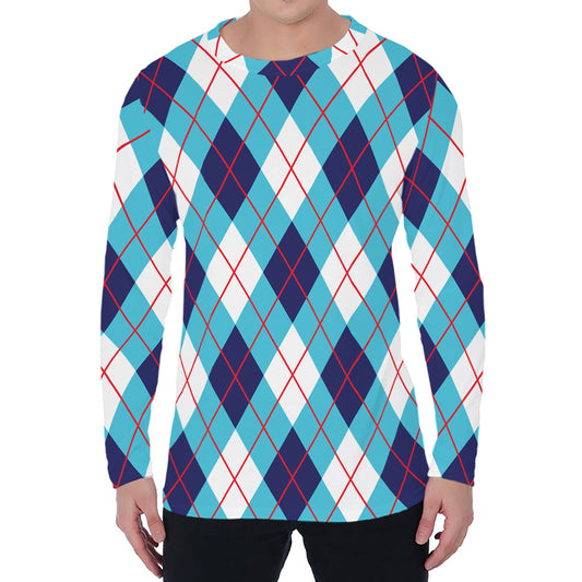 White Blue And Red Argyle Pattern Print Men's Long Sleeve T-Shirt