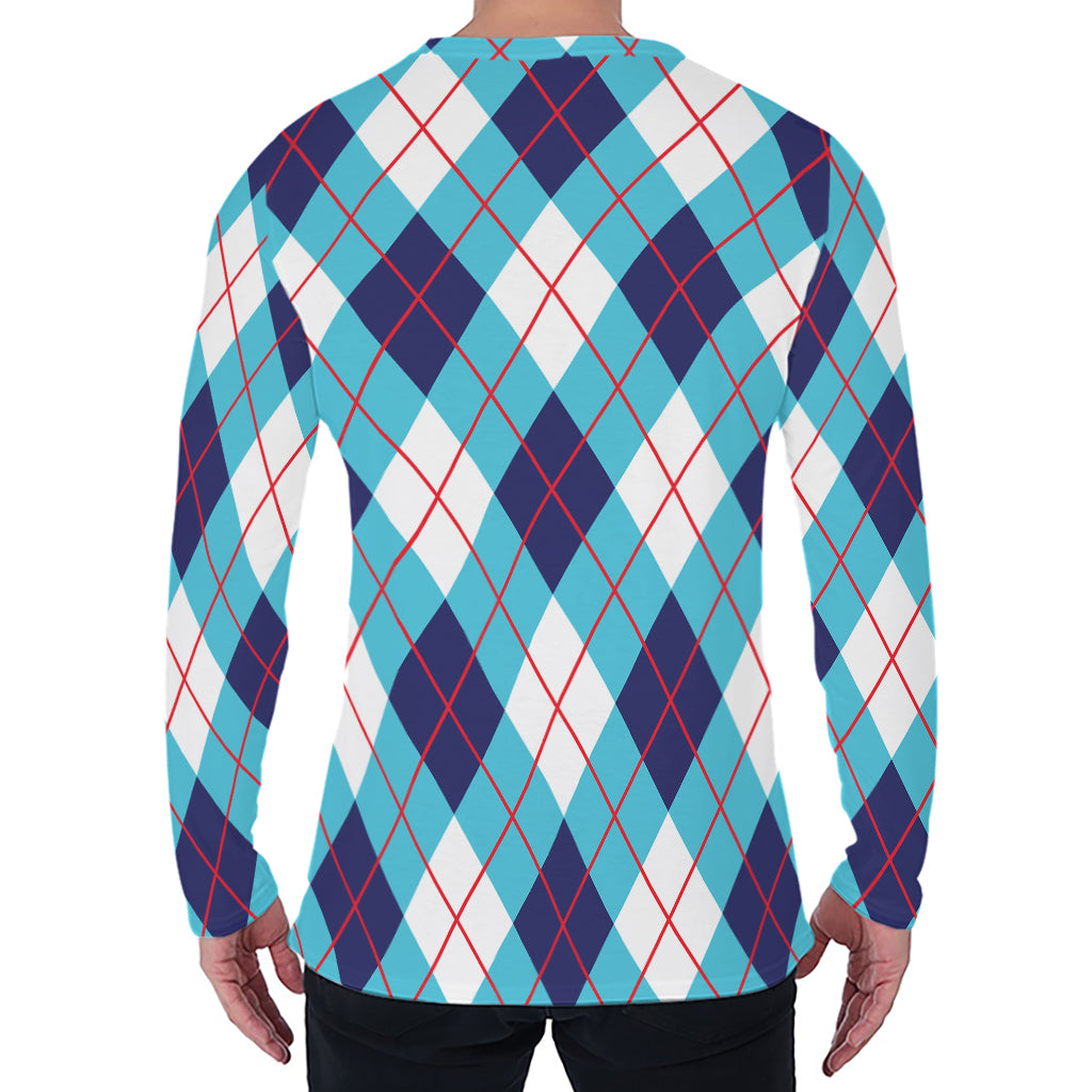 White Blue And Red Argyle Pattern Print Men's Long Sleeve T-Shirt