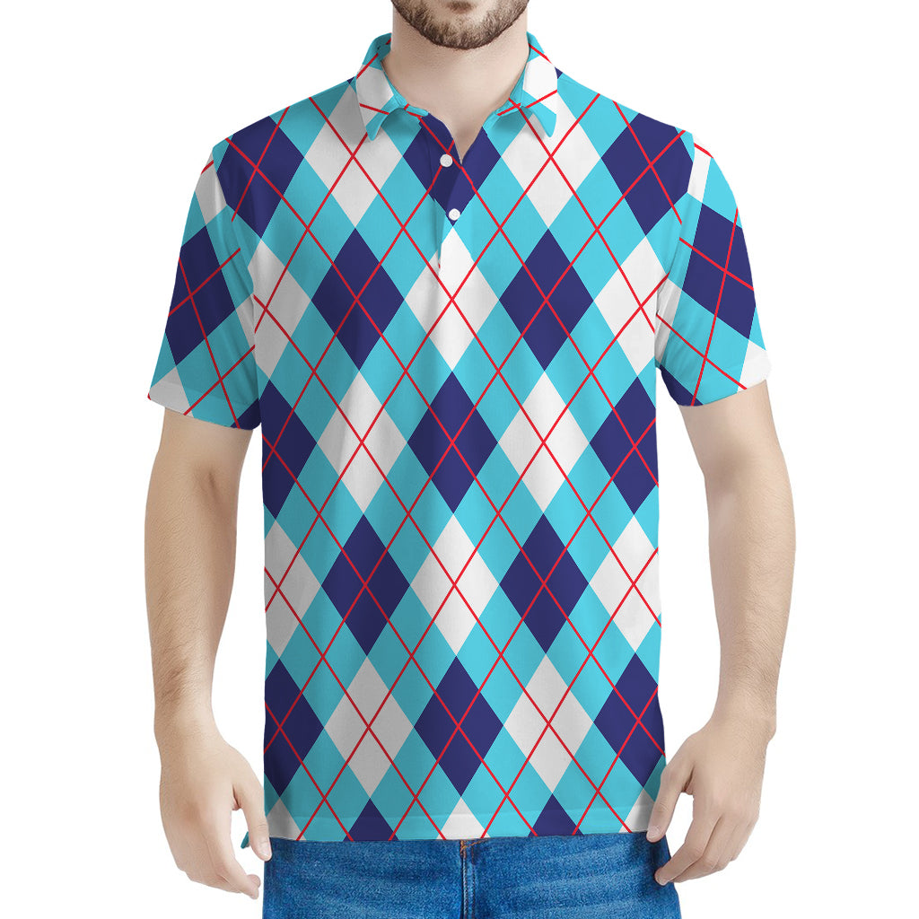 White Blue And Red Argyle Pattern Print Men's Polo Shirt