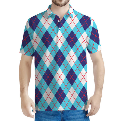 White Blue And Red Argyle Pattern Print Men's Polo Shirt