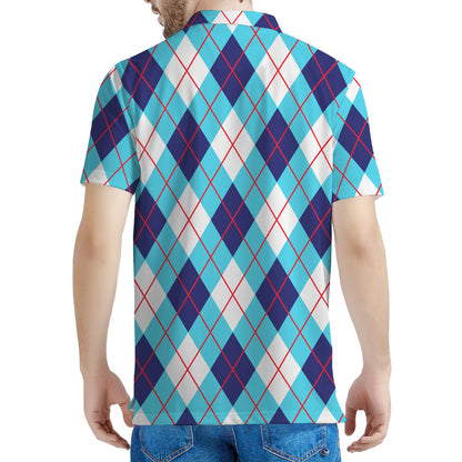 White Blue And Red Argyle Pattern Print Men's Polo Shirt