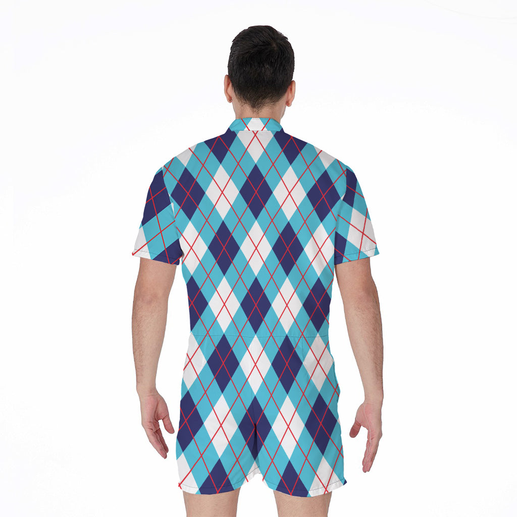 White Blue And Red Argyle Pattern Print Men's Rompers