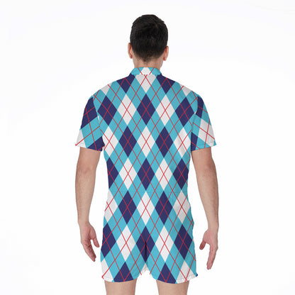 White Blue And Red Argyle Pattern Print Men's Rompers