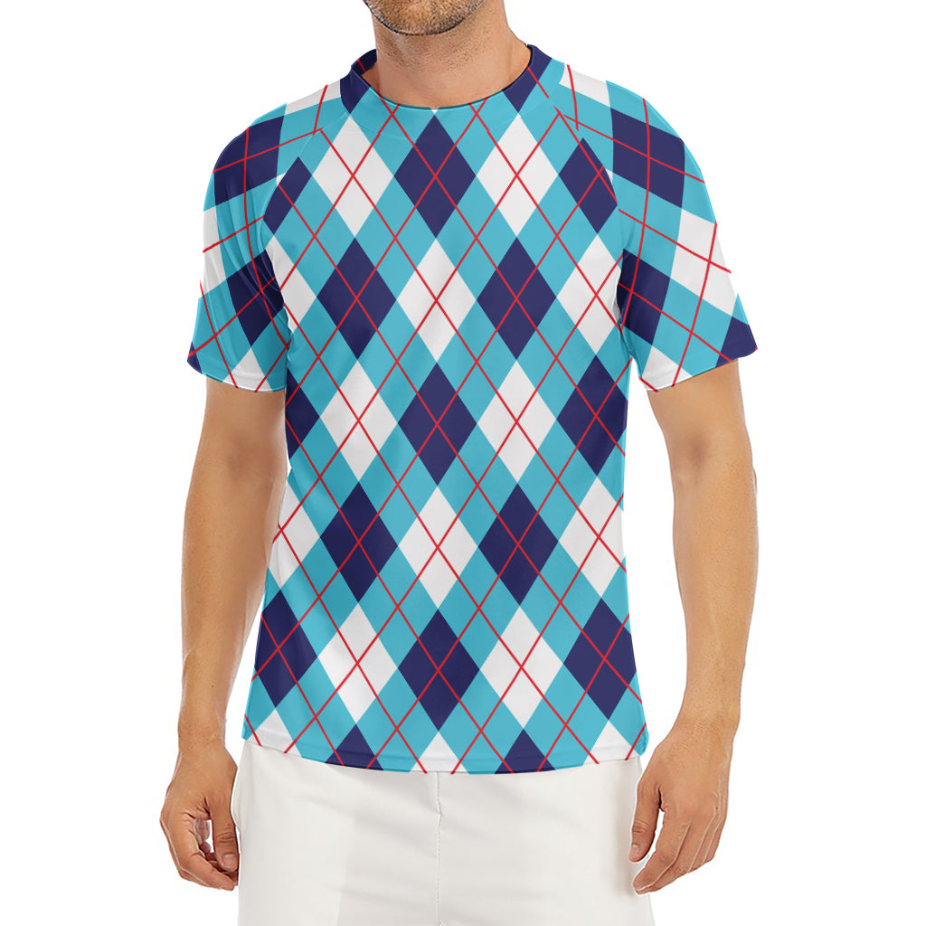 White Blue And Red Argyle Pattern Print Men's Short Sleeve Rash Guard