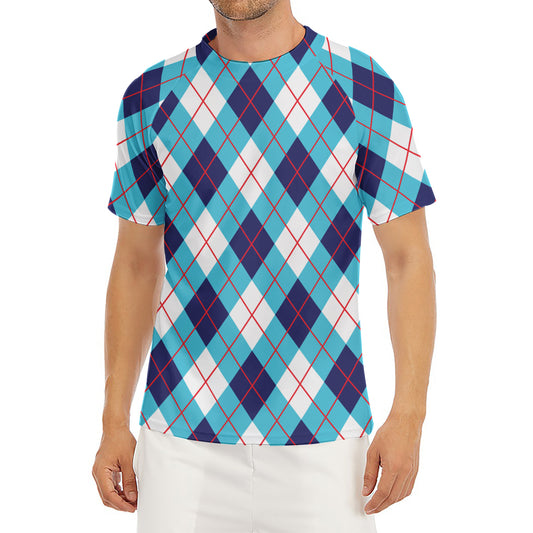 White Blue And Red Argyle Pattern Print Men's Short Sleeve Rash Guard