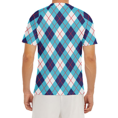White Blue And Red Argyle Pattern Print Men's Short Sleeve Rash Guard