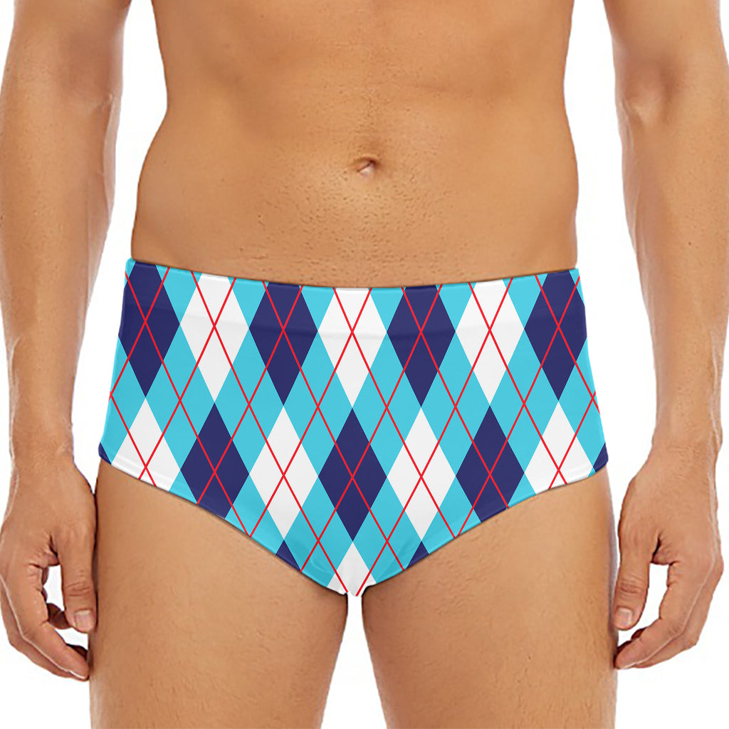 White Blue And Red Argyle Pattern Print Men's Triangle Swim Briefs