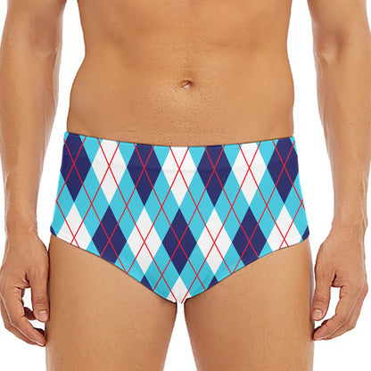 White Blue And Red Argyle Pattern Print Men's Triangle Swim Briefs