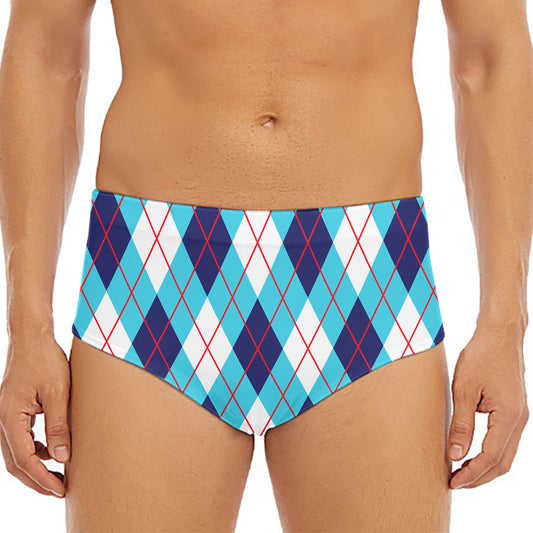 White Blue And Red Argyle Pattern Print Men's Triangle Swim Briefs