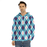 White Blue And Red Argyle Pattern Print Men's Velvet Pullover Hoodie