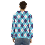 White Blue And Red Argyle Pattern Print Men's Velvet Pullover Hoodie