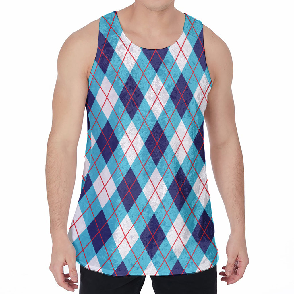 White Blue And Red Argyle Pattern Print Men's Velvet Tank Top