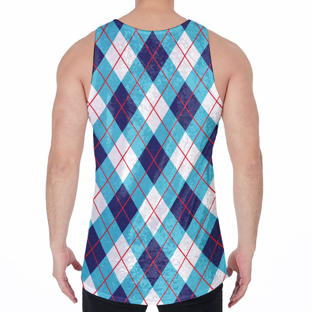 White Blue And Red Argyle Pattern Print Men's Velvet Tank Top