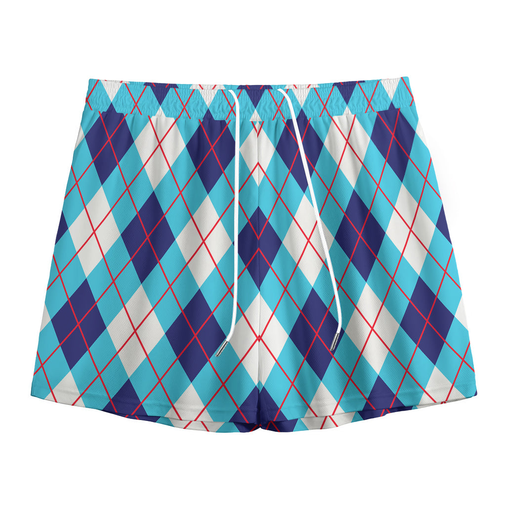 White Blue And Red Argyle Pattern Print Mesh Shorts