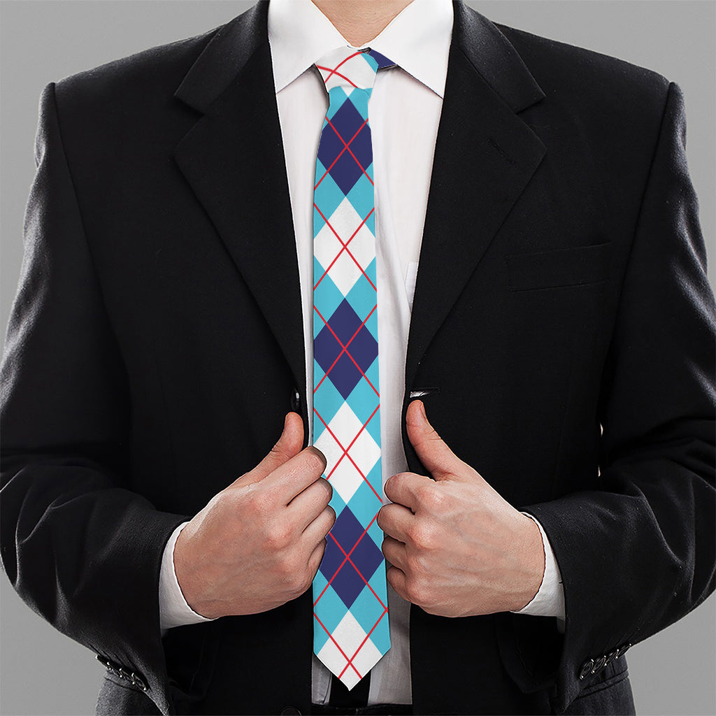 White Blue And Red Argyle Pattern Print Necktie