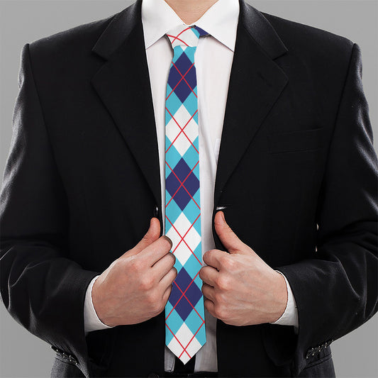 White Blue And Red Argyle Pattern Print Necktie