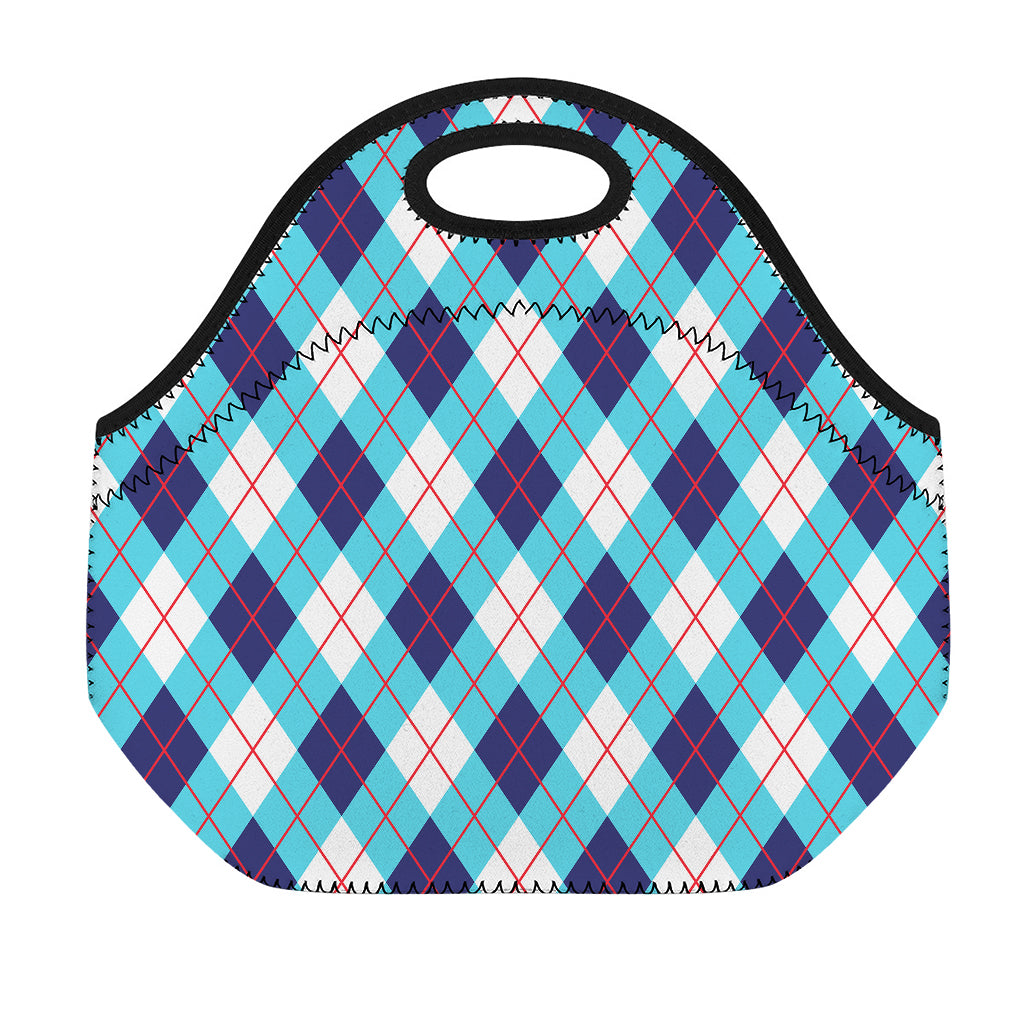 White Blue And Red Argyle Pattern Print Neoprene Lunch Bag