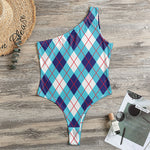 White Blue And Red Argyle Pattern Print One Shoulder Bodysuit