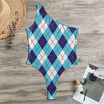 White Blue And Red Argyle Pattern Print One Shoulder Bodysuit