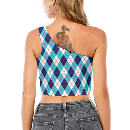 White Blue And Red Argyle Pattern Print One Shoulder Crop Top