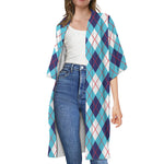 White Blue And Red Argyle Pattern Print Open Front Beach Cover Up