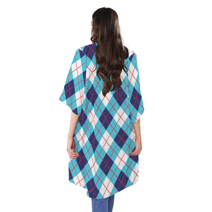White Blue And Red Argyle Pattern Print Open Front Beach Cover Up