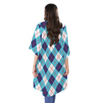 White Blue And Red Argyle Pattern Print Open Front Beach Cover Up