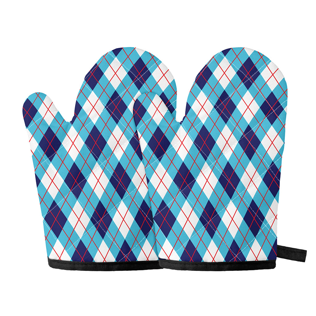 White Blue And Red Argyle Pattern Print Oven Mitts