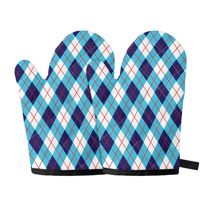 White Blue And Red Argyle Pattern Print Oven Mitts