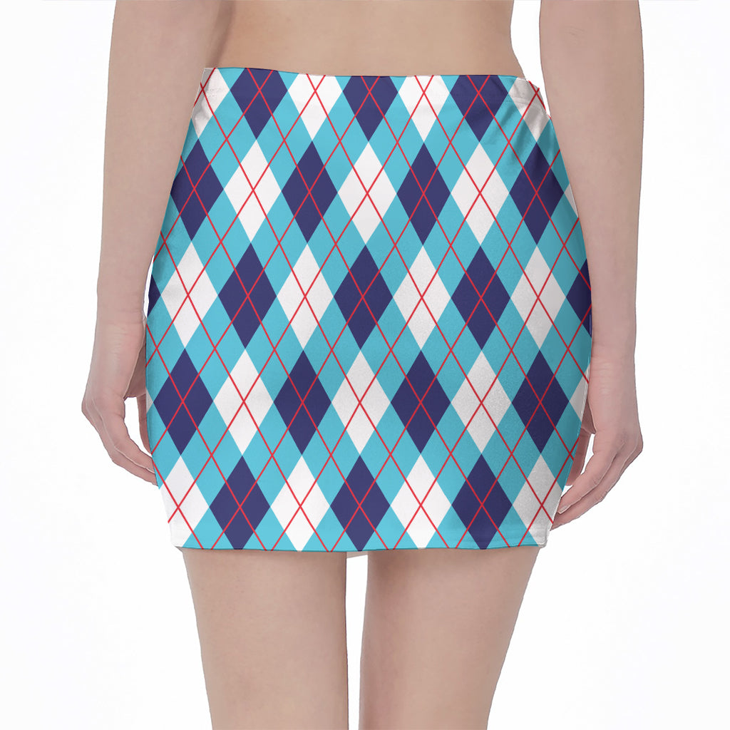 White Blue And Red Argyle Pattern Print Pencil Mini Skirt
