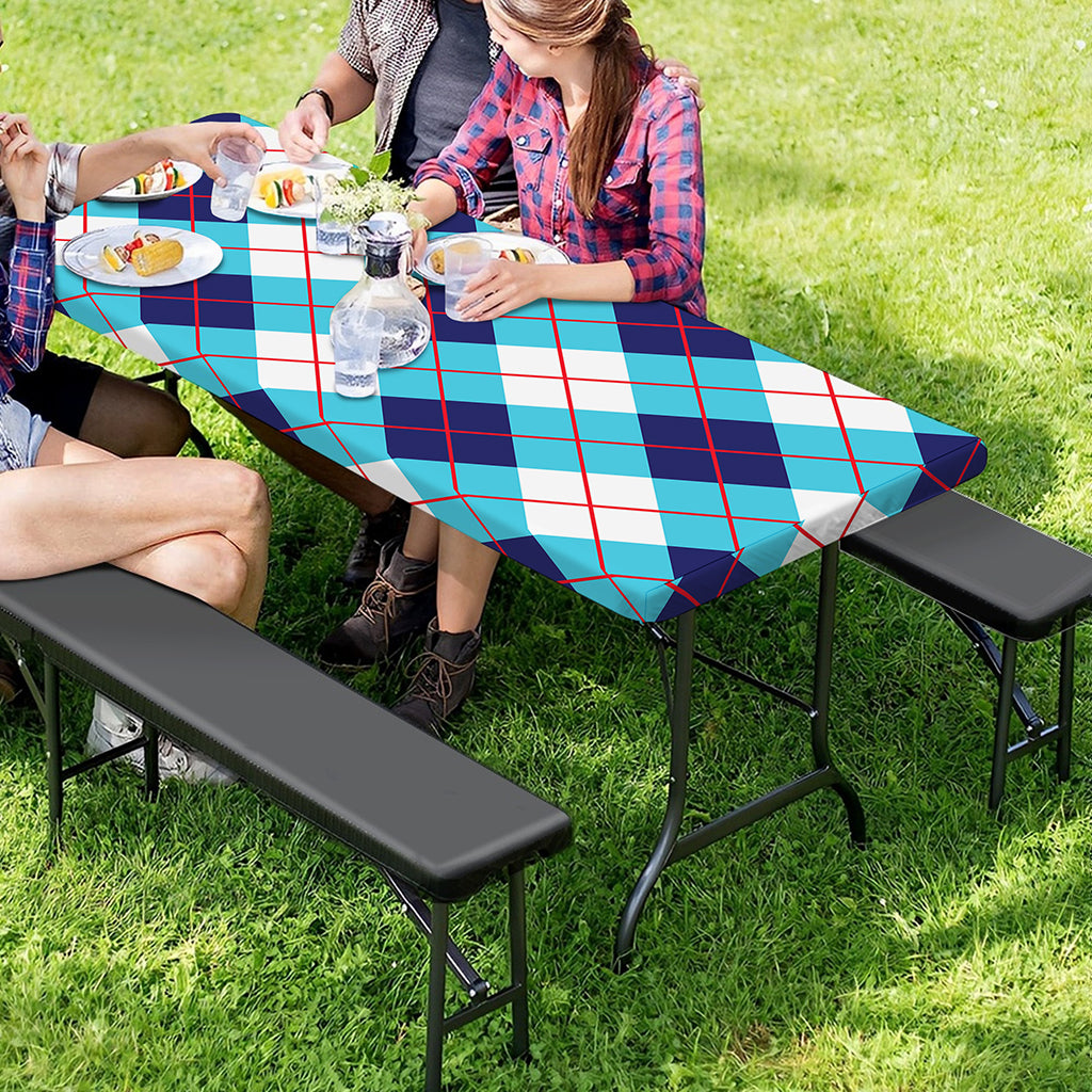 White Blue And Red Argyle Pattern Print Picnic Table Cover