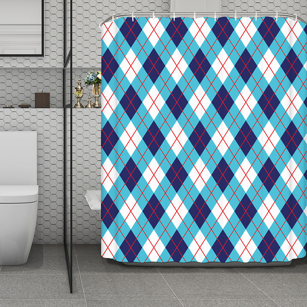 White Blue And Red Argyle Pattern Print Polyester Shower Curtain
