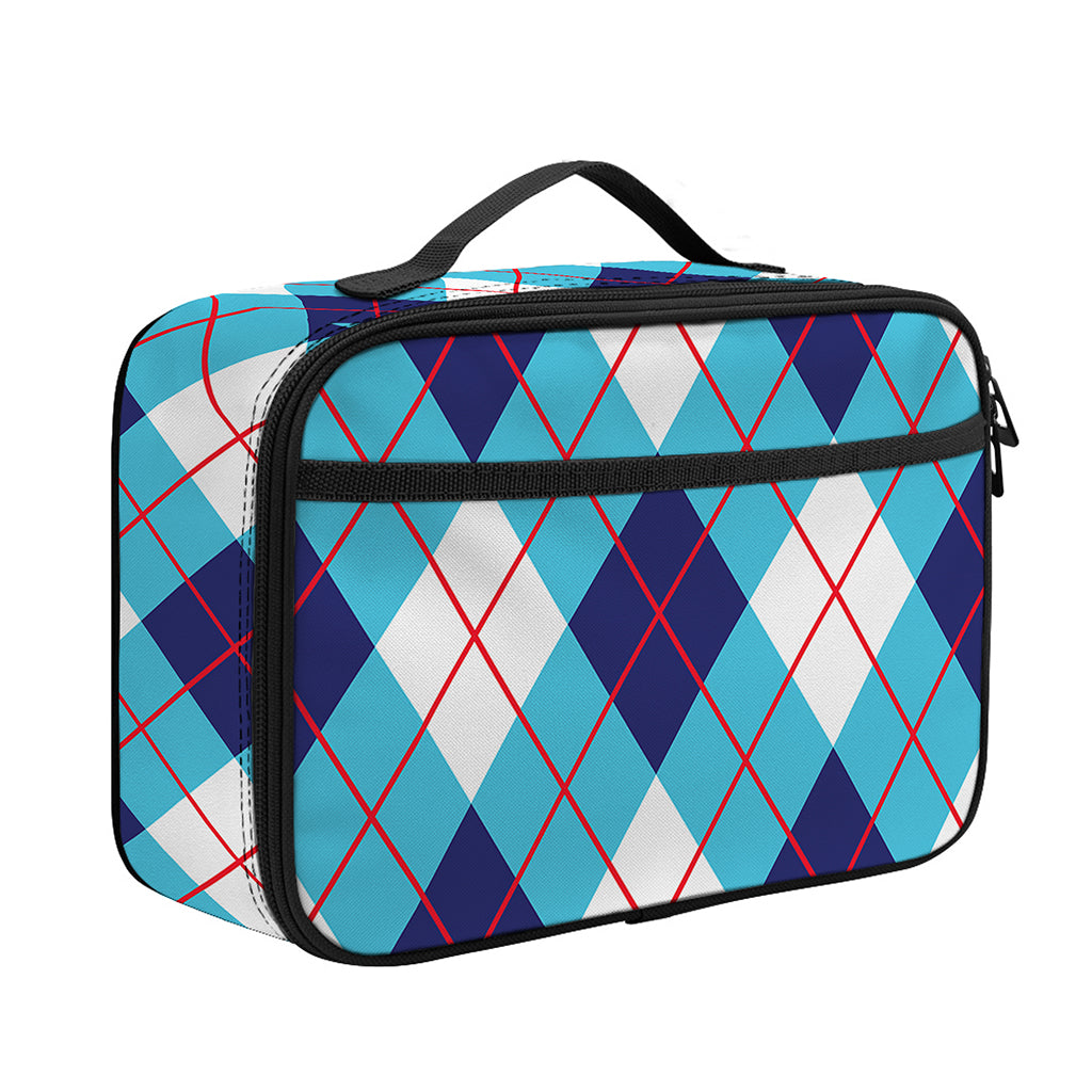 White Blue And Red Argyle Pattern Print Portable Lunch Bag