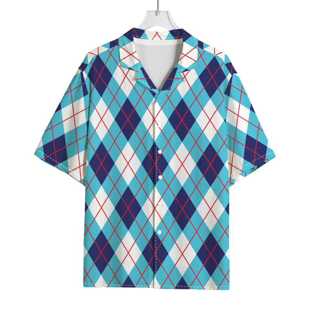 White Blue And Red Argyle Pattern Print Rayon Hawaiian Shirt