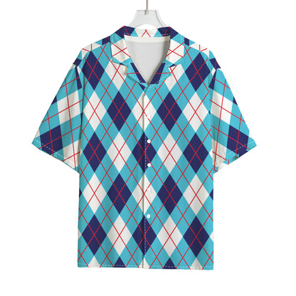 White Blue And Red Argyle Pattern Print Rayon Hawaiian Shirt