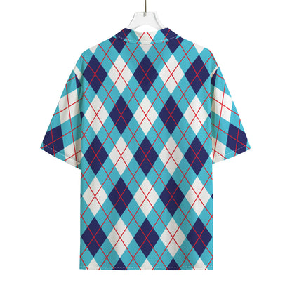White Blue And Red Argyle Pattern Print Rayon Hawaiian Shirt