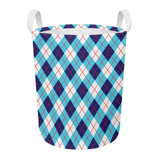 White Blue And Red Argyle Pattern Print Round Laundry Basket